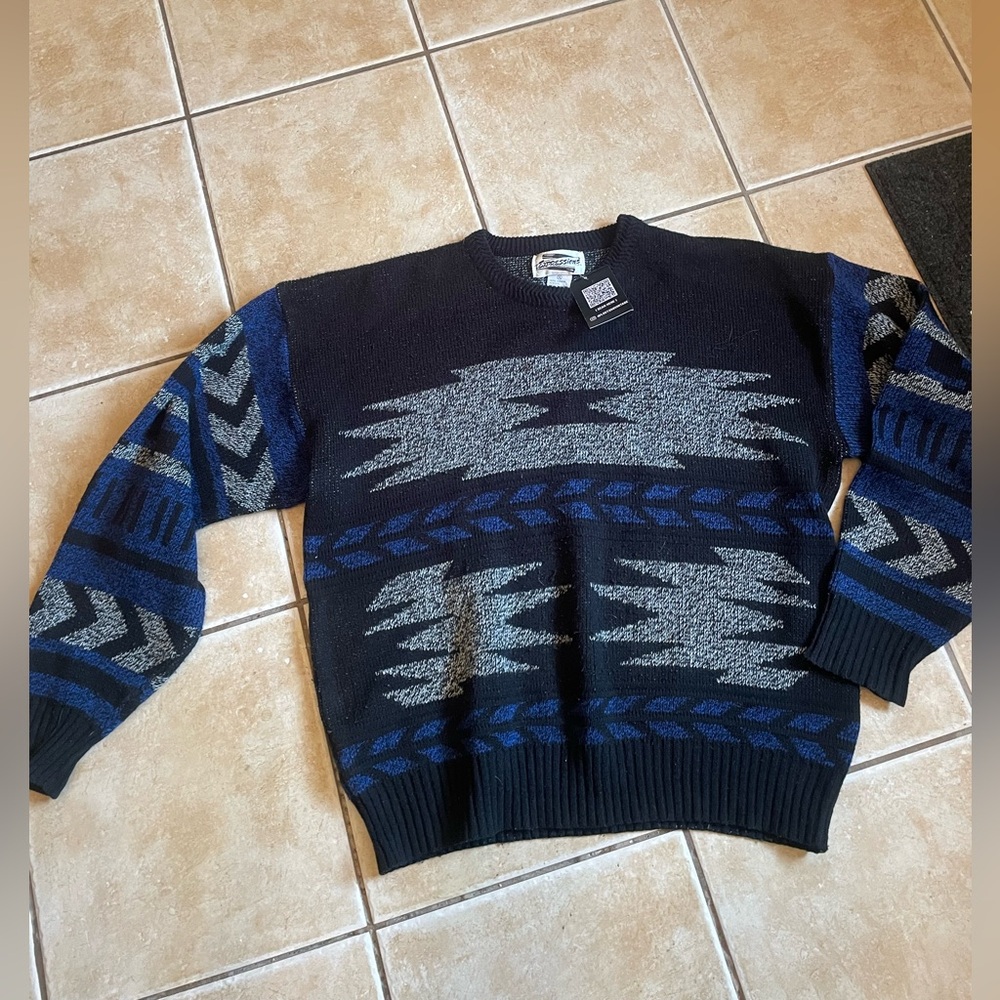 Men's vintage 90s Aztec Black and Blue Sweater